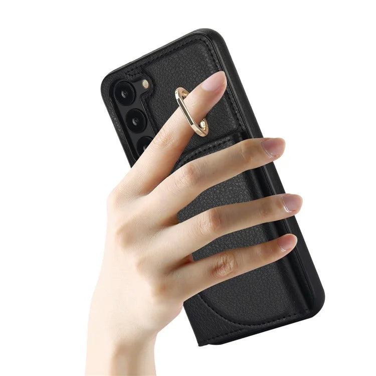 For Samsung Galaxy S23 Phone Cover RFID Blocking Card Case with Ring Kickstand