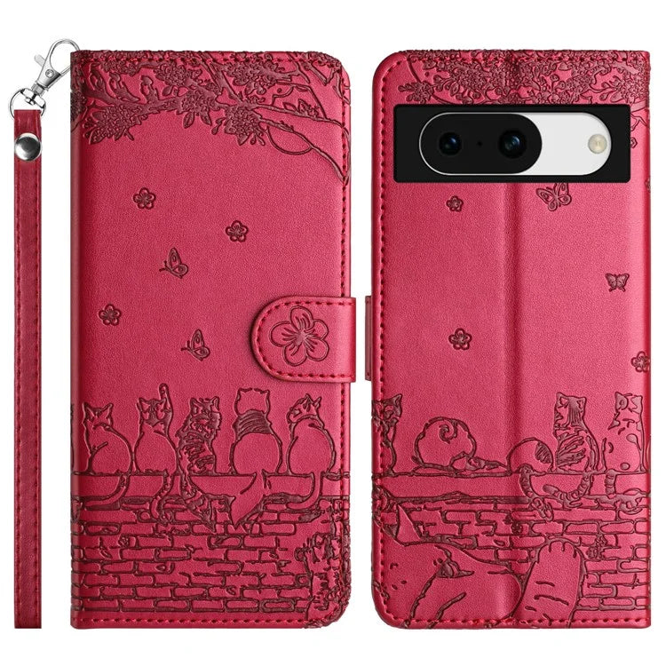 For Google Pixel 8a Wallet Case PU Leather Wall Cats Pattern Phone Cover