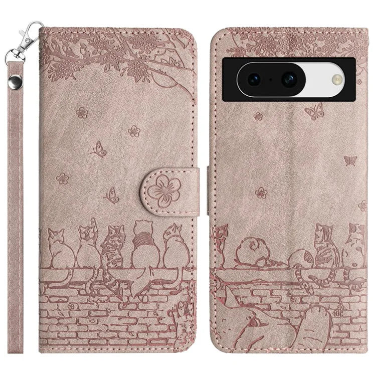 For Google Pixel 8a Wallet Case PU Leather Wall Cats Pattern Phone Cover