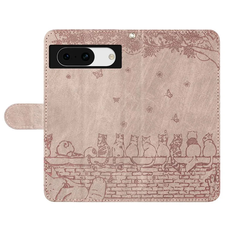 For Google Pixel 8a Wallet Case PU Leather Wall Cats Pattern Phone Cover