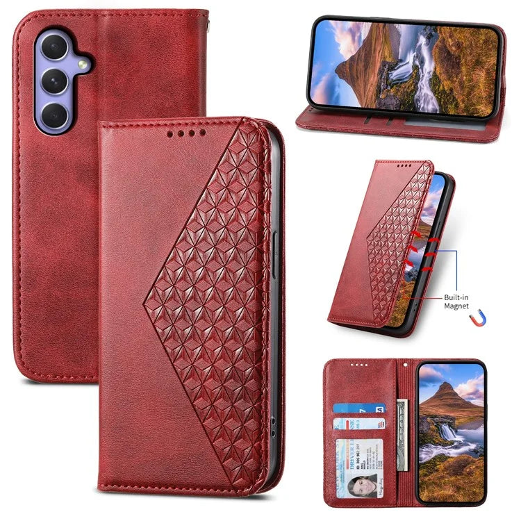 For Samsung Galaxy A55 5G Case Leather Phone Cover Wallet Rhombus Imprinted