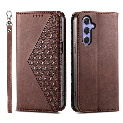 For Samsung Galaxy A55 5G Case Leather Phone Cover Wallet Rhombus Imprinted