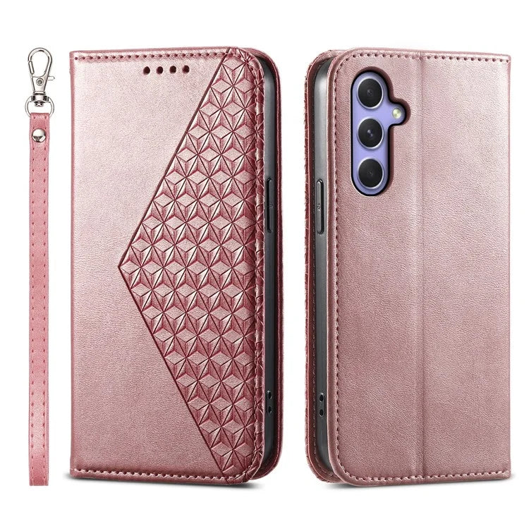 For Samsung Galaxy A55 5G Case Leather Phone Cover Wallet Rhombus Imprinted