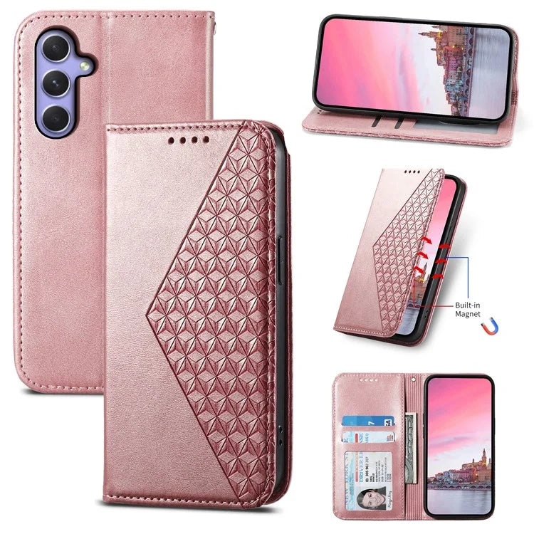 For Samsung Galaxy A55 5G Case Leather Phone Cover Wallet Rhombus Imprinted