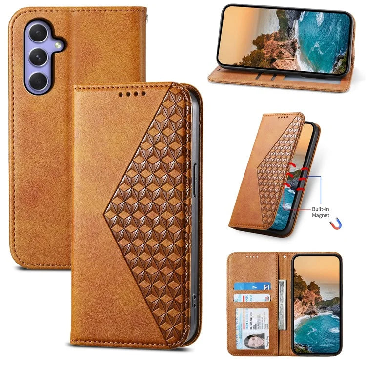 For Samsung Galaxy A55 5G Case Leather Phone Cover Wallet Rhombus Imprinted
