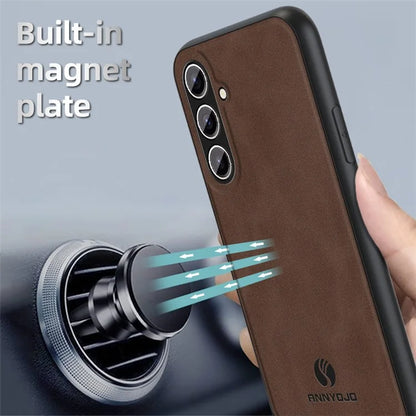 ANNYOJO For Samsung Galaxy S24 Case PU Leather+PC+TPU Protective Shell with Car Mount Metal Sheet