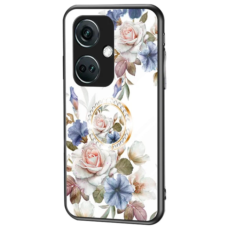 For OnePlus Nord CE3 5G Case Flower Pattern Tempered Glass Kickstand Phone Cover