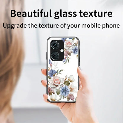 For OnePlus Nord CE3 5G Case Flower Pattern Tempered Glass Kickstand Phone Cover