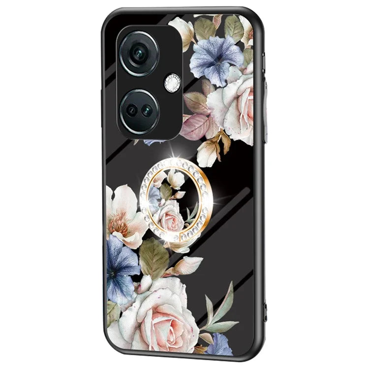 For OnePlus Nord CE3 5G Case Flower Pattern Tempered Glass Kickstand Phone Cover