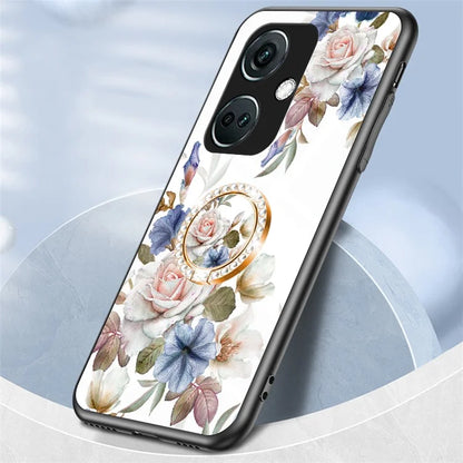 For OnePlus Nord CE3 5G Case Flower Pattern Tempered Glass Kickstand Phone Cover