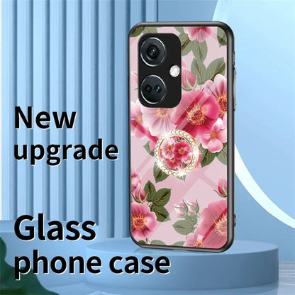 For OnePlus Nord CE3 5G Case Flower Pattern Tempered Glass Kickstand Phone Cover