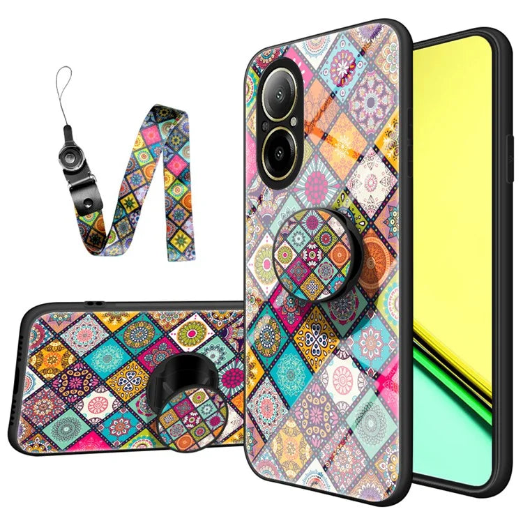 For Realme C67 4G Case Kickstand Tempered Glass Back Cover Flower Pattern