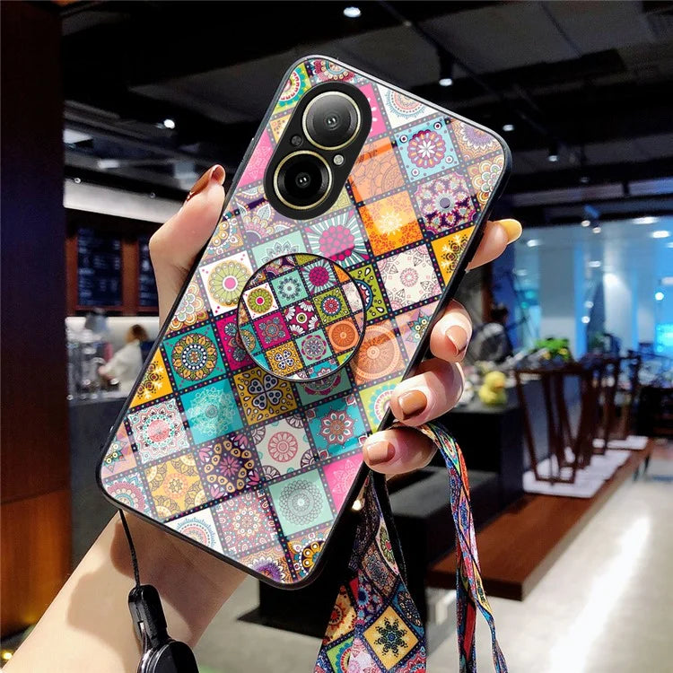 For Realme C67 4G Case Kickstand Tempered Glass Back Cover Flower Pattern