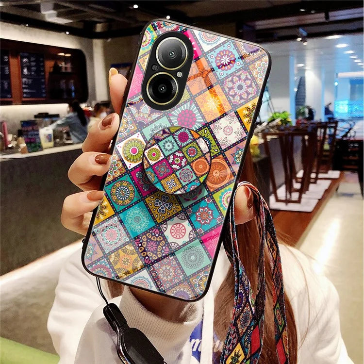 For Realme C67 4G Case Kickstand Tempered Glass Back Cover Flower Pattern