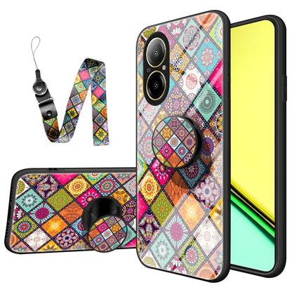 For Realme C67 4G Case Kickstand Tempered Glass Back Cover Flower Pattern