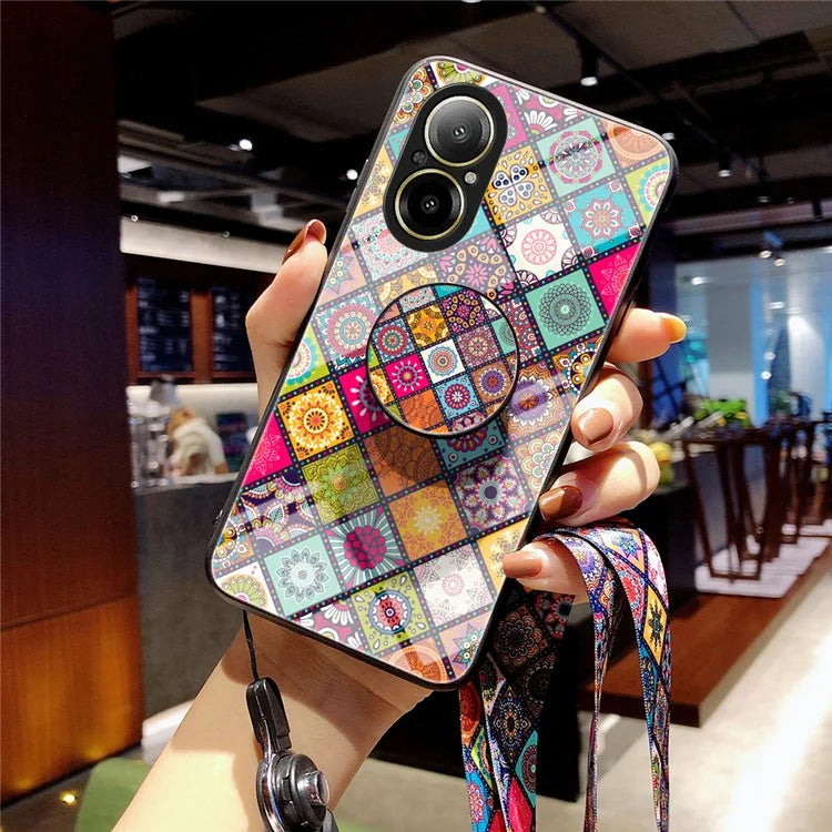 For Realme C67 4G Case Kickstand Tempered Glass Back Cover Flower Pattern