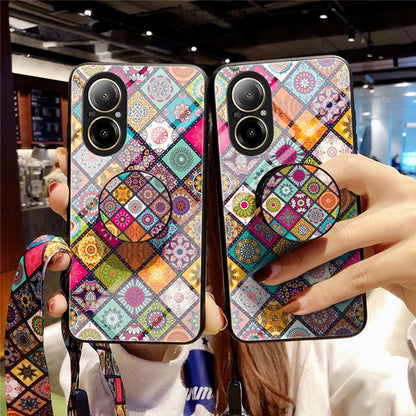 For Realme C67 4G Case Kickstand Tempered Glass Back Cover Flower Pattern