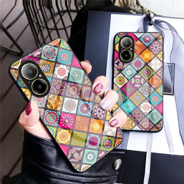 For Realme C67 4G Case Kickstand Tempered Glass Back Cover Flower Pattern