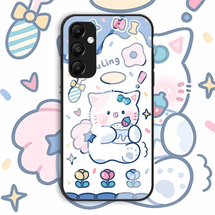For Samsung Galaxy A55 5G Tempered Glass+PC+TPU Case Cartoon Pattern Phone Cover