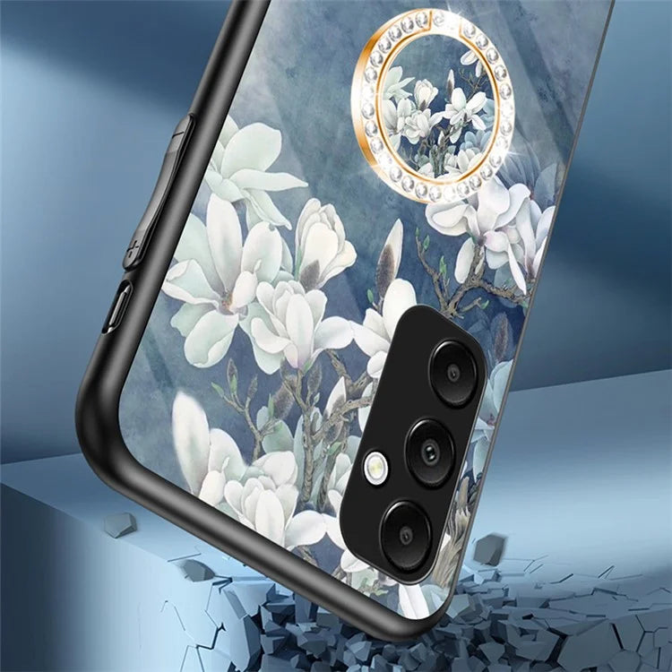 For Samsung Galaxy A55 5G Kickstand Case Flower Pattern Tempered Glass Cover