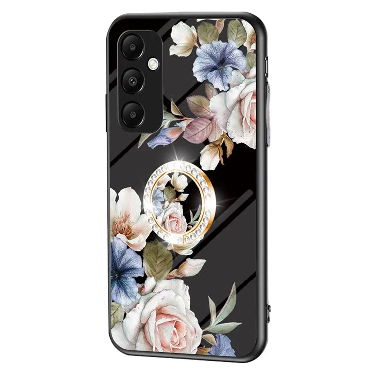 For Samsung Galaxy A55 5G Kickstand Case Flower Pattern Tempered Glass Cover