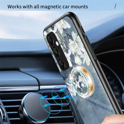 For Samsung Galaxy A55 5G Kickstand Case Flower Pattern Tempered Glass Cover