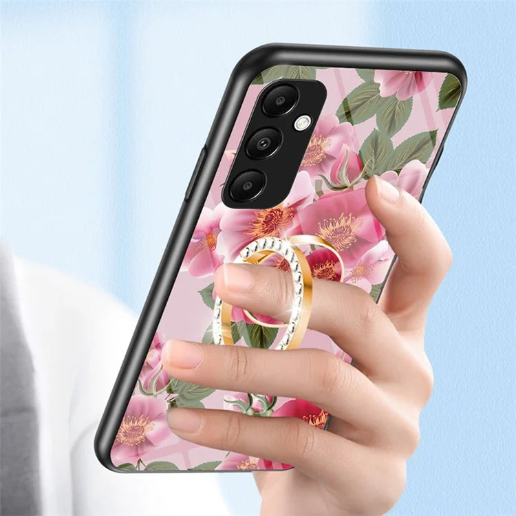 For Samsung Galaxy A55 5G Kickstand Case Flower Pattern Tempered Glass Cover