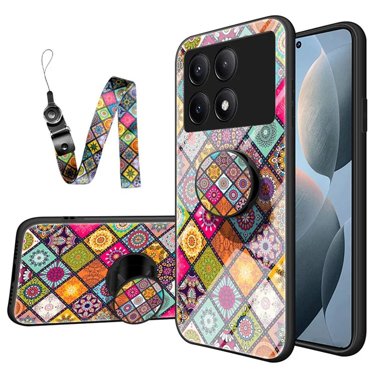 For Xiaomi Redmi K70E 5G / Poco X6 Pro 5G Case with Strap Flower Pattern Kickstand Tempered Glass Cover