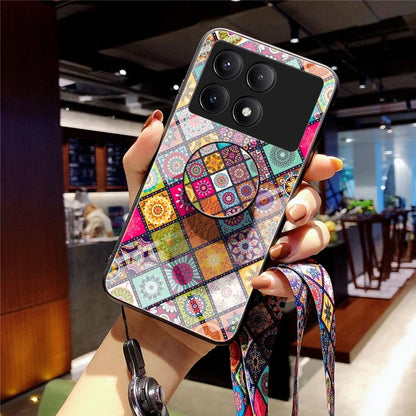 For Xiaomi Redmi K70E 5G / Poco X6 Pro 5G Case with Strap Flower Pattern Kickstand Tempered Glass Cover