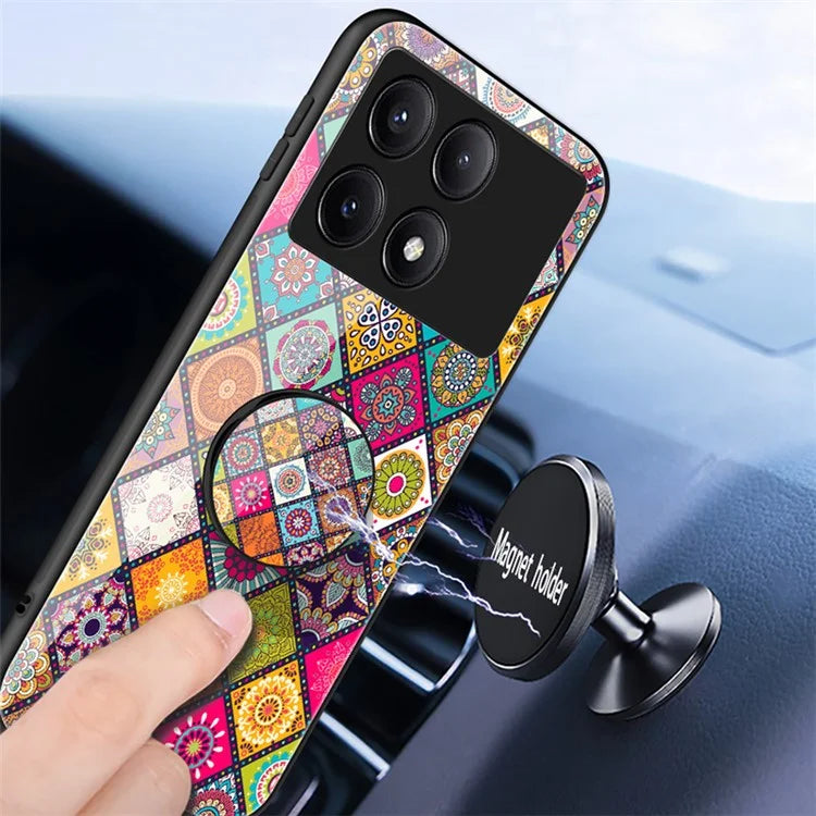 For Xiaomi Redmi K70E 5G / Poco X6 Pro 5G Case with Strap Flower Pattern Kickstand Tempered Glass Cover