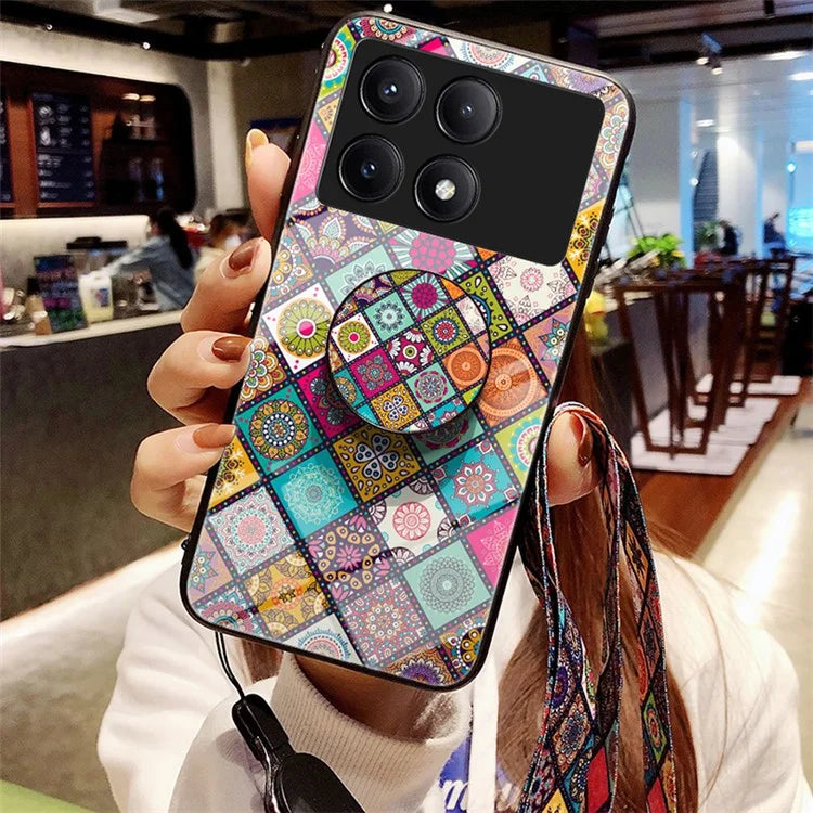 For Xiaomi Redmi K70E 5G / Poco X6 Pro 5G Case with Strap Flower Pattern Kickstand Tempered Glass Cover