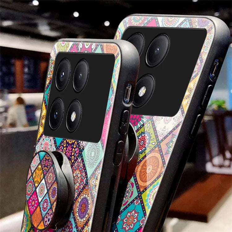For Xiaomi Redmi K70E 5G / Poco X6 Pro 5G Case with Strap Flower Pattern Kickstand Tempered Glass Cover