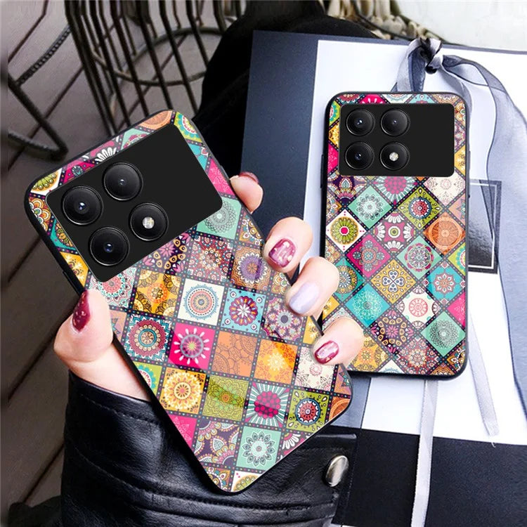 For Xiaomi Redmi K70E 5G / Poco X6 Pro 5G Case with Strap Flower Pattern Kickstand Tempered Glass Cover