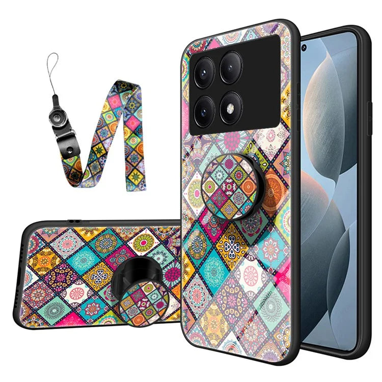 For Xiaomi Redmi K70E 5G / Poco X6 Pro 5G Case with Strap Flower Pattern Kickstand Tempered Glass Cover