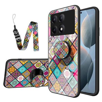 For Xiaomi Redmi K70E 5G / Poco X6 Pro 5G Case with Strap Flower Pattern Kickstand Tempered Glass Cover