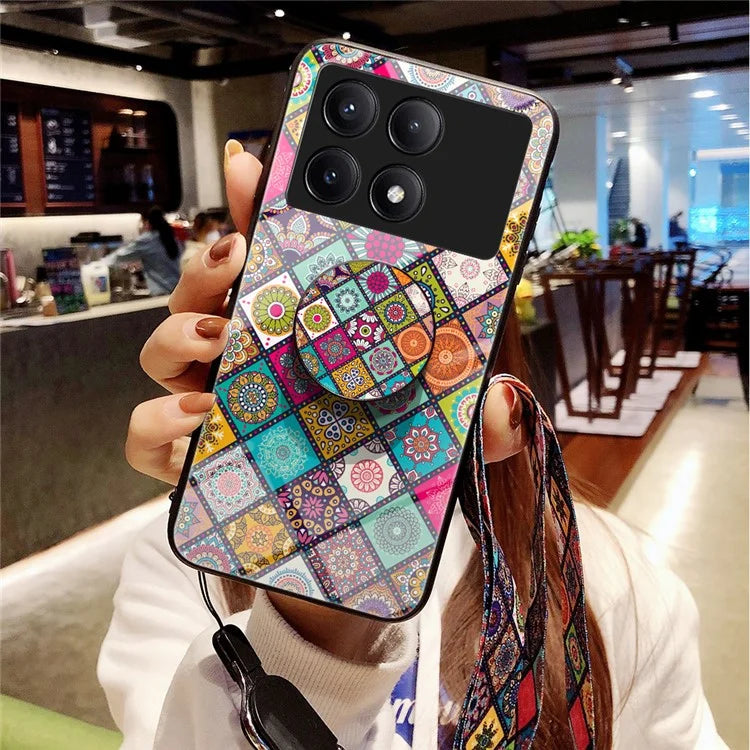 For Xiaomi Redmi K70E 5G / Poco X6 Pro 5G Case with Strap Flower Pattern Kickstand Tempered Glass Cover