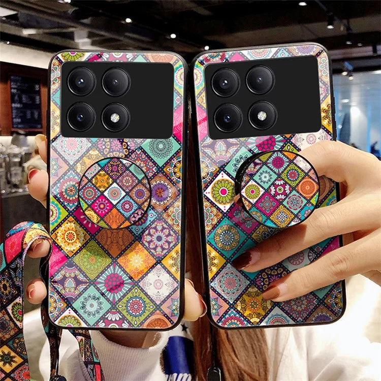 For Xiaomi Redmi K70E 5G / Poco X6 Pro 5G Case with Strap Flower Pattern Kickstand Tempered Glass Cover