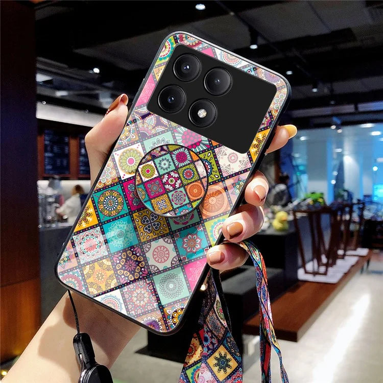 For Xiaomi Redmi K70E 5G / Poco X6 Pro 5G Case with Strap Flower Pattern Kickstand Tempered Glass Cover