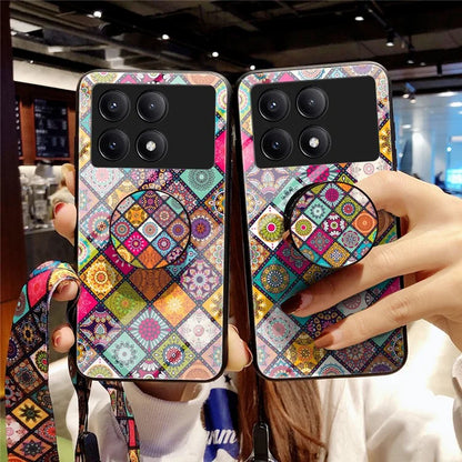 For Xiaomi Redmi K70E 5G / Poco X6 Pro 5G Case with Strap Flower Pattern Kickstand Tempered Glass Cover