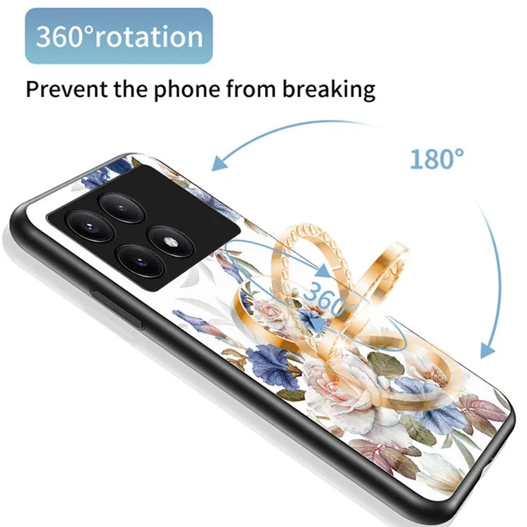 For Xiaomi Redmi K70E 5G / Poco X6 Pro 5G Case Tempered Glass Kickstand Cover Flower Pattern