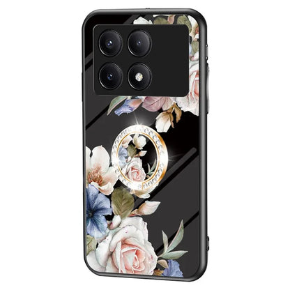 For Xiaomi Redmi K70E 5G / Poco X6 Pro 5G Case Tempered Glass Kickstand Cover Flower Pattern