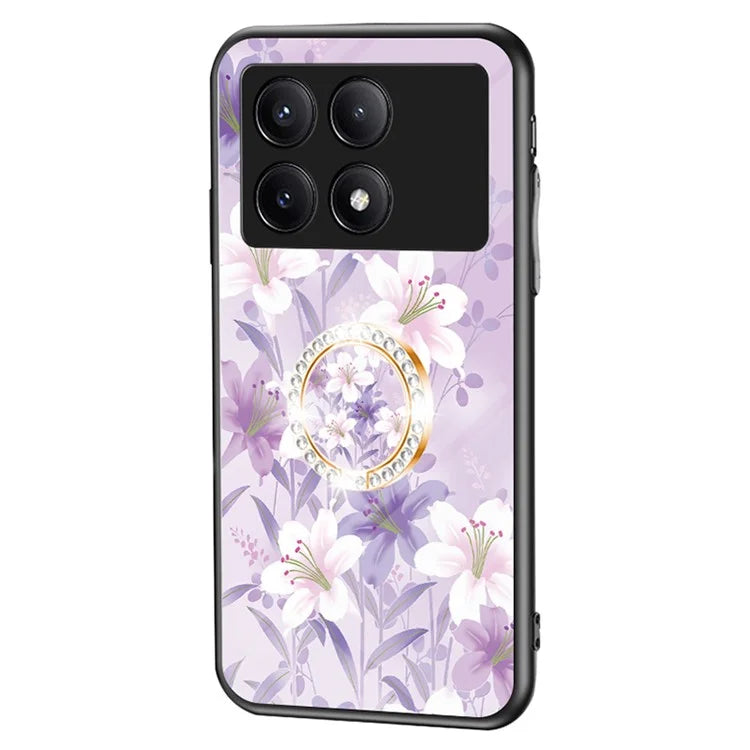 For Xiaomi Redmi K70E 5G / Poco X6 Pro 5G Case Tempered Glass Kickstand Cover Flower Pattern