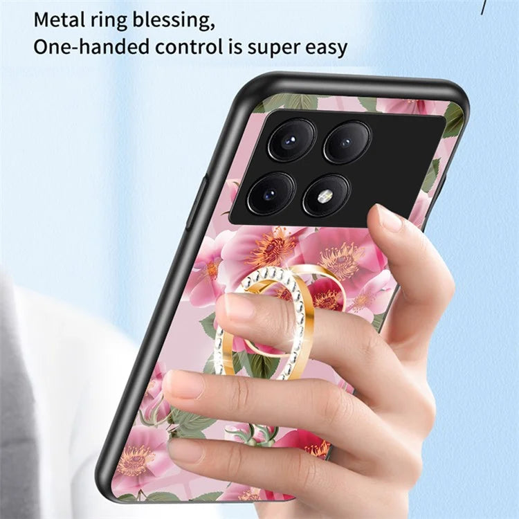 For Xiaomi Redmi K70E 5G / Poco X6 Pro 5G Case Tempered Glass Kickstand Cover Flower Pattern