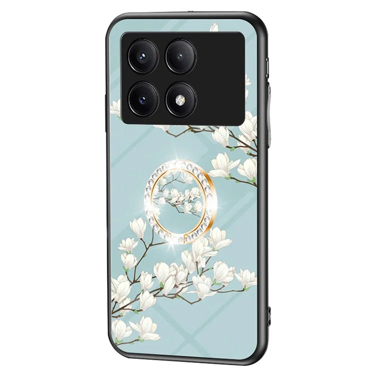 For Xiaomi Redmi K70E 5G / Poco X6 Pro 5G Case Tempered Glass Kickstand Cover Flower Pattern