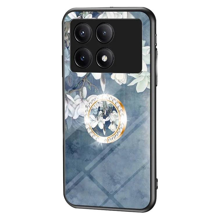 For Xiaomi Redmi K70E 5G / Poco X6 Pro 5G Case Tempered Glass Kickstand Cover Flower Pattern