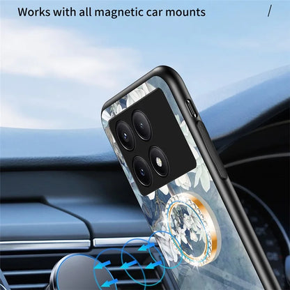 For Xiaomi Redmi K70E 5G / Poco X6 Pro 5G Case Tempered Glass Kickstand Cover Flower Pattern