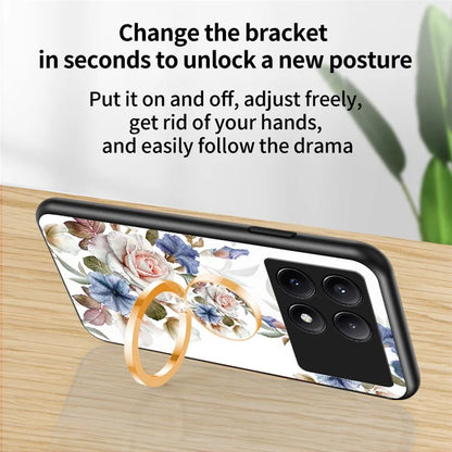 For Xiaomi Redmi K70E 5G / Poco X6 Pro 5G Case Tempered Glass Kickstand Cover Flower Pattern