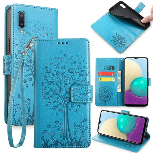 For Samsung Galaxy A02 Cell Phone Case Imprinted Deer Tree Pattern Wallet Cover