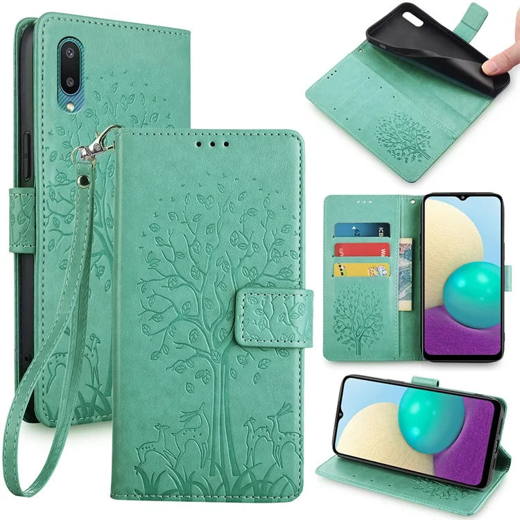 For Samsung Galaxy A02 Cell Phone Case Imprinted Deer Tree Pattern Wallet Cover