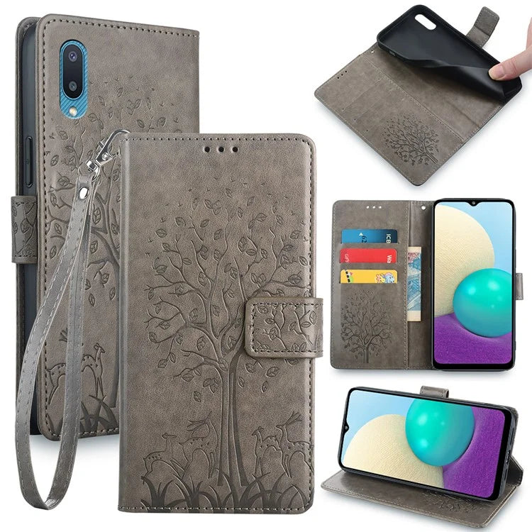 For Samsung Galaxy A02 Cell Phone Case Imprinted Deer Tree Pattern Wallet Cover